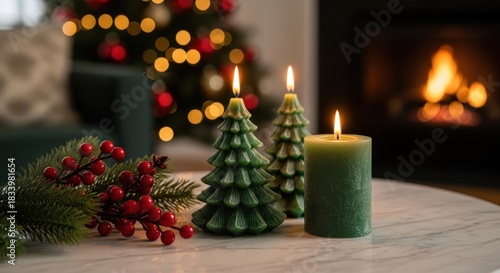 Warm festive ambiance with lit tree candles, winter berries, and a glowing fireplace