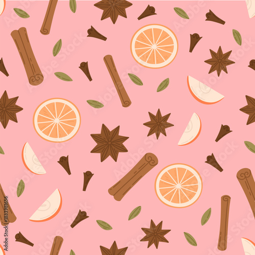 Pattern with mulled wine ingredients. Cute vector seamless texture on pink background with cartoon illustrations of spices for winter hot drink. Pattern  for Christmas or New Year wrapping paper