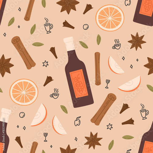 Pattern with mulled wine ingredients. Cute vector seamless texture on beige background with cartoon illustrations of spices and bottle of wine. Pattern for Christmas or New Year wrapping paper