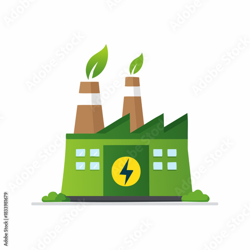 Green Energy Factory with Leaf and Lightning Bolt Symbol Illustration.