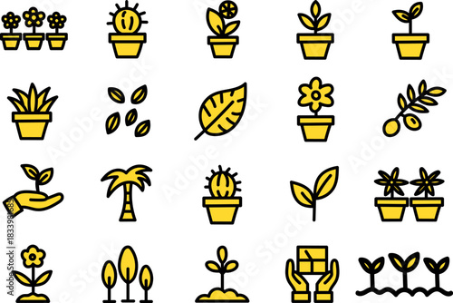 Plant Icons Set – Botanical Line Art Symbols of Leaves, Flowers, Seedlings, and Potted Plants