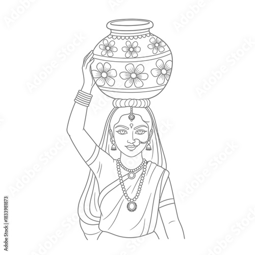 Indian Woman Carrying Water Pot with Floral Design Line Art Traditional Culture