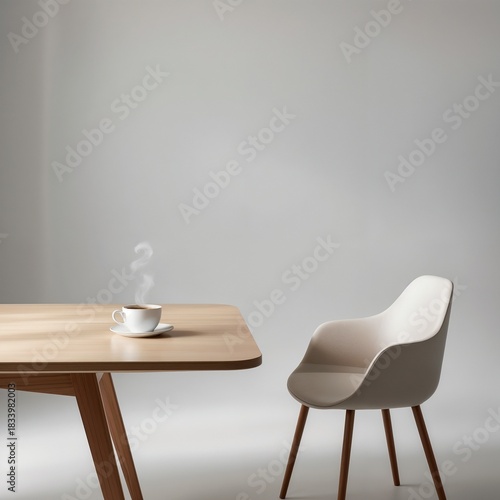 A clean, minimal desk setup with a cup of coffee, an empty chair, and white space for copy