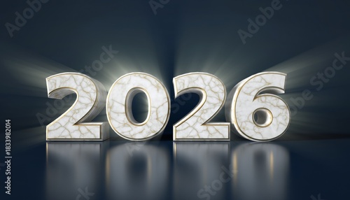 Shining 2026 year number with glowing light rays on a reflective dark surface, symbolizing future and new beginnings.