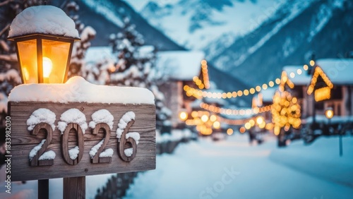 Winter wonderland scene snow-covered 2026 sign, glowing lantern, village lights, mountains