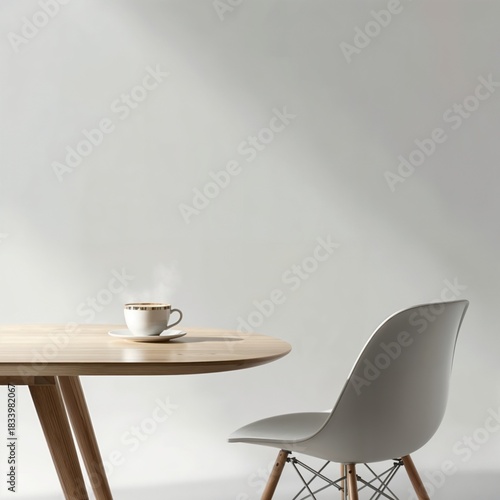 A clean, minimal desk setup with a cup of coffee, an empty chair, and white space for copy