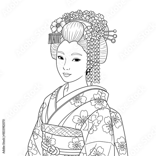 Japanese Geisha Line Art Style Portrait Coloring Page Traditional Culture