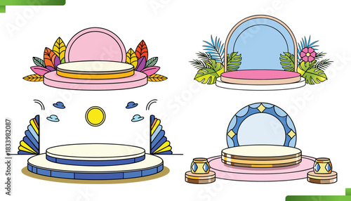 Four stylized decorative pedestals or stages with colorful backgrounds and floral accents for product display