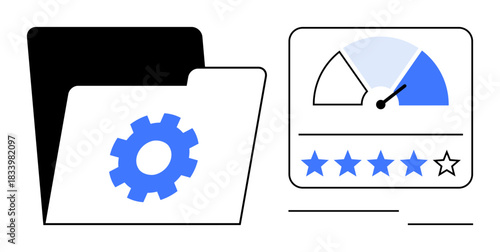 Data management. Data management with a gear icon on a folder, paired with a dashboard showing performance metrics and star ratings. Data management in analysis, organization, storage, reviews