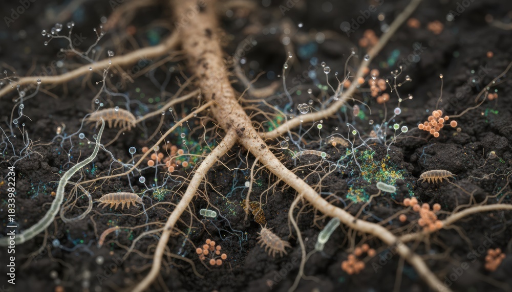 Fototapeta premium Soil ecosystem around plant roots reveals hidden network of fungi bacteria and tiny insects symbolizing climate friendly regenerative agriculture in spring