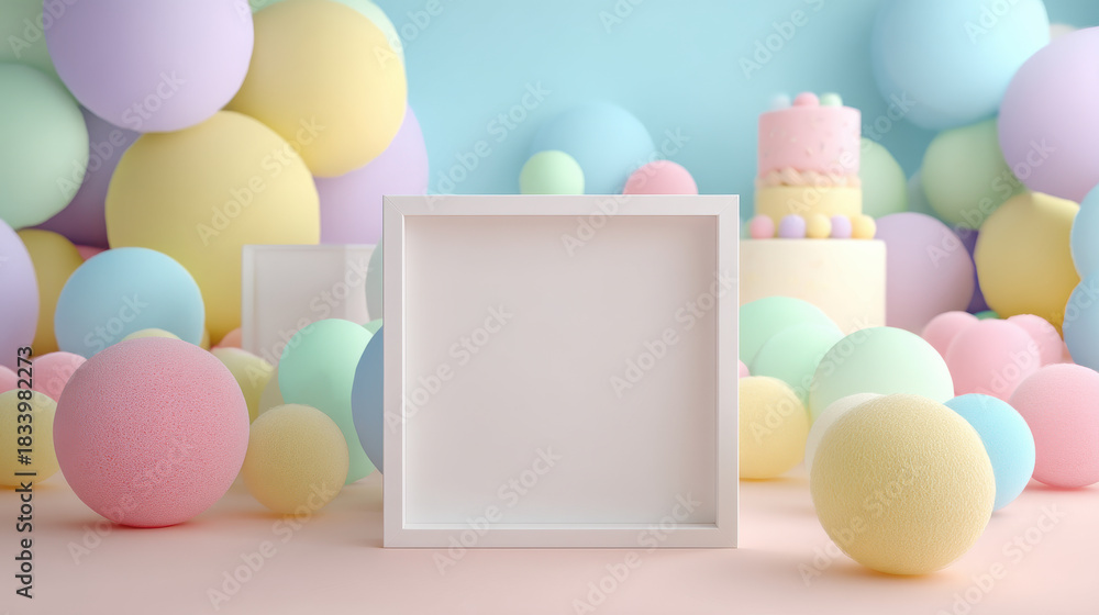 Fototapeta premium Blank square frame on pastel colorful foam balls background with cake, soft and playful party decoration