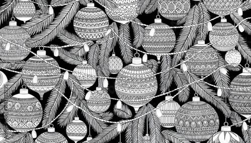 Detailed black and white pattern of Christmas tree branches adorned with ornate baubles and string lights, festive holiday background.