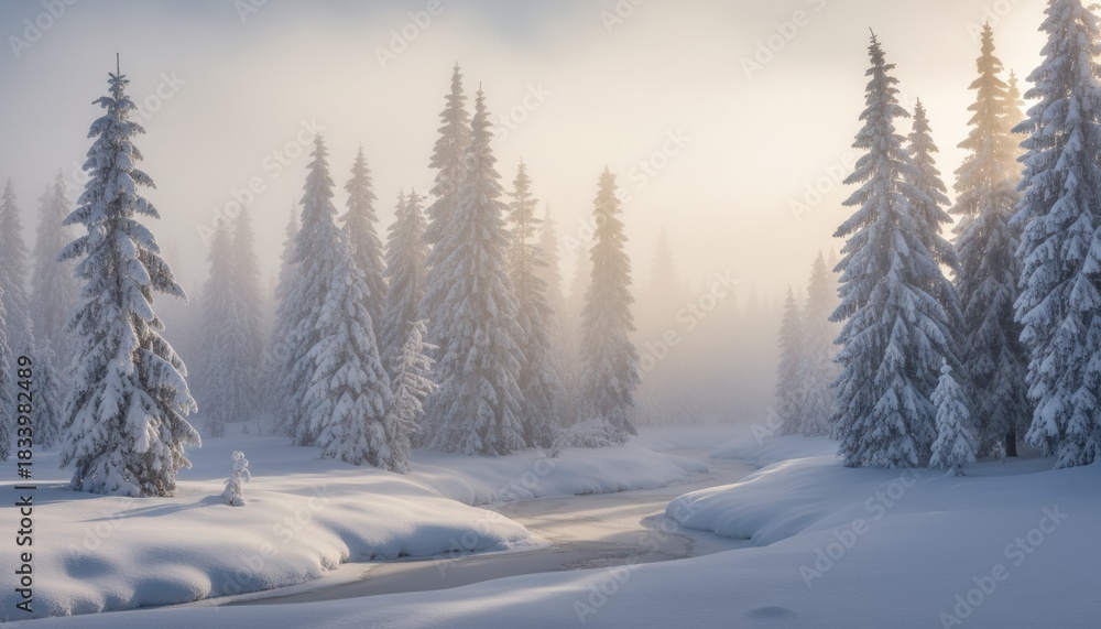 Obraz premium Snow covered evergreen forest with a frozen stream in soft morning light