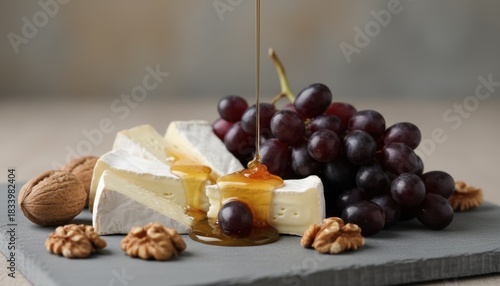 A gourmet display of brie cheese grape cluster walnut and flowing honey celebrating artisanal food tradition