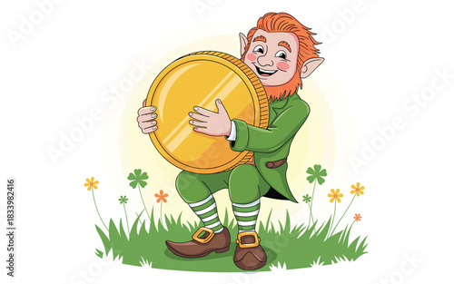 Lucky Leprechaun with Gold Coin Illustration for St. Patrick's Day Celebration, Cartoon Character Design, Irish Folklore, Vector Art, Happy and Playful.