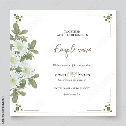 WEDDING INVITATION FRAME WITH FLOWER DECORATIONS AND FRESH LEAVES