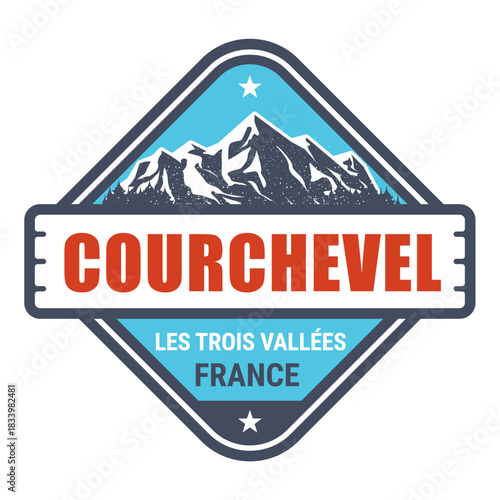 Courchevel ski resort, French Alps emblem with snow-covered mountains, vector