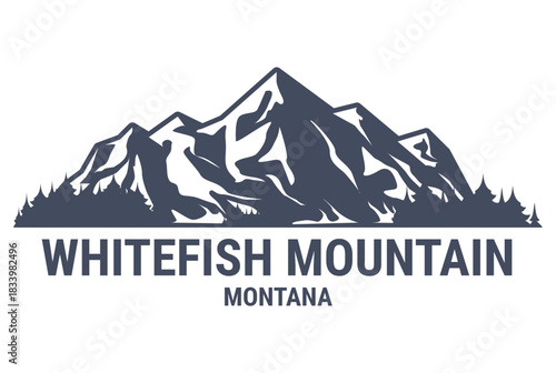 Whitefish, Montana ski resort, Whitefish Range USA, sticker with mountains and forest, vector