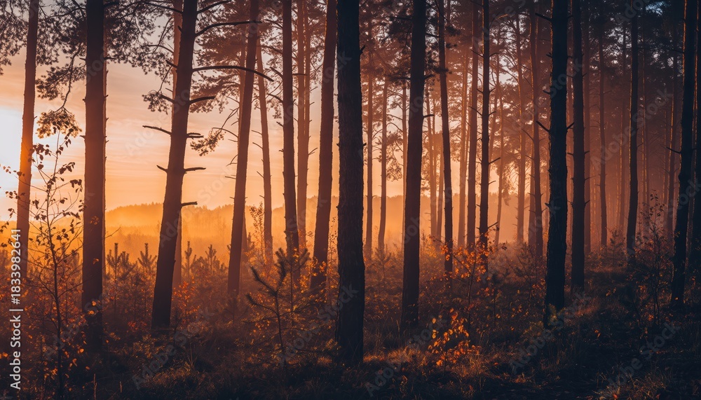 Naklejka premium Tall pine trees stand in a forest with a warm orange sunset casting a hazy glow through the mist nature