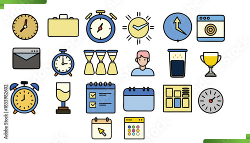  management and productivity icons featuring clocks calendars and business symbols
