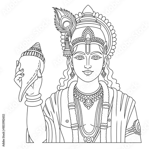 Lord Krishna Cartoon Illustration with Conch Shell and Traditional Attire