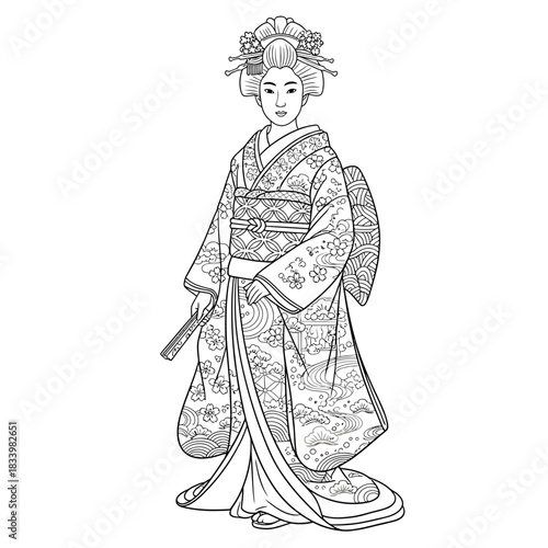 Japanese Traditional Geisha Painting Black White Line Art Illustration