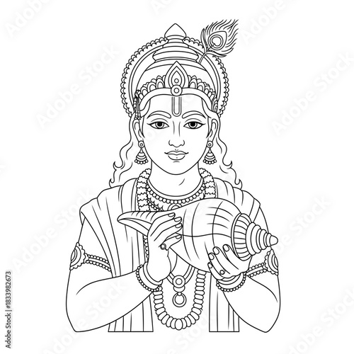 Simple Line Art Drawing of Hindu God Lord Krishna Playing the Flute (Murali)