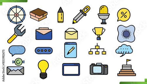 hand drawn icons representing various concepts like business technology and creativity