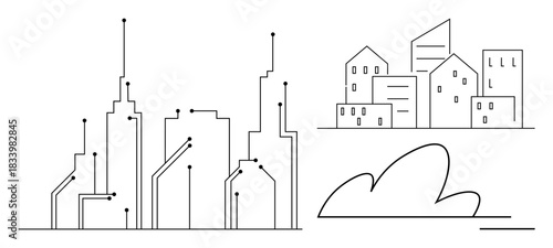 Smart cities, connectivity, future technology, urban planning, digital infrastructure, cloud computing. Minimalist line art of city buildings and cloud. Smart cities and connectivity concept