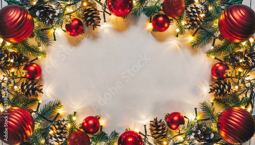 Festive Christmas wreath border with red ornaments pinecones and glowing lights on a light background