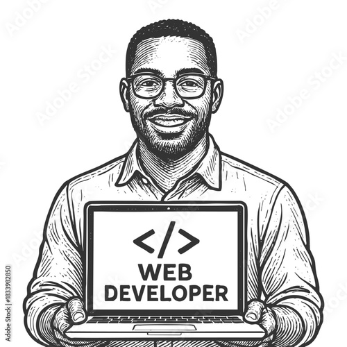 happy web developer showing a laptop screen with coding brackets and job title sketch engraving generative ai fictional character vector illustration. Scratch board imitation. Black and white image.