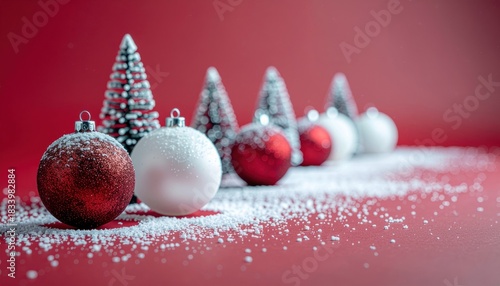 Red and white Christmas ornaments and frosted trees dusted with snow on a red background festive holiday