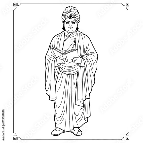 Wise Man in Flowing Robes Intently Reading an Open Book Illustration