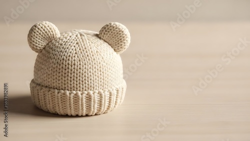 Knitted Baby Beanie Hat with Ears, Cream Color, Cozy Winter Apparel