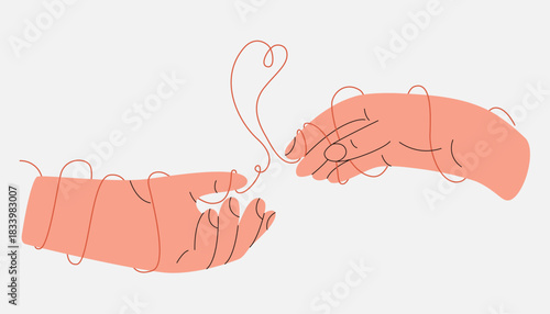Hands holding together. Two hands connected with red line heart shape, human palms fingers romantic gesture, love friendship affection care support concept. Vector flat illustration