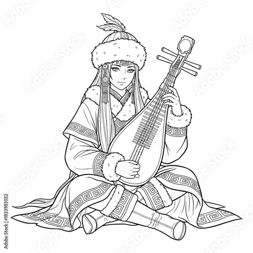 Mongolian Woman Playing Traditional Stringed Instrument Cultural Illustration