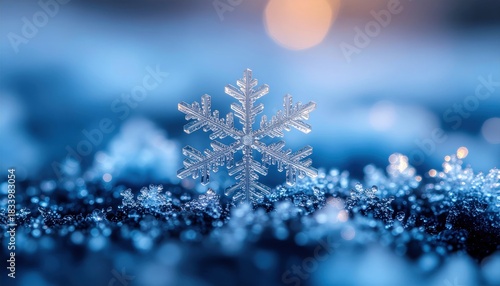 Intricate snowflake detail on icy surface with soft blue and bokeh background ice macro winter cold crystal