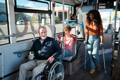 Diverse passengers using public transport with disabilities