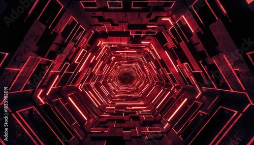 Fototapeta Naklejka Na Ścianę i Meble -  Hexagonal tunnel with illuminated red lines and dark geometric patterns receding into darkness light
