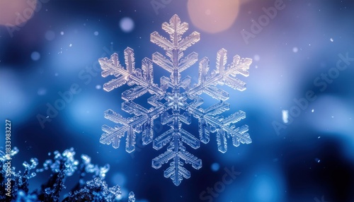 Extreme close up macro view of a detailed crystalline snowflake sparkling on a soft blue bokeh background