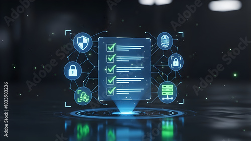 Businessman Using Digital Interface with Checklist and Security Icons Representing Cybersecurity, Data Protection, and Digital Identity Verification