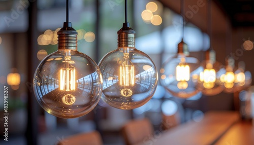 Several glowing Edison filament light bulbs hanging in a row reflecting the interior and bokeh lights