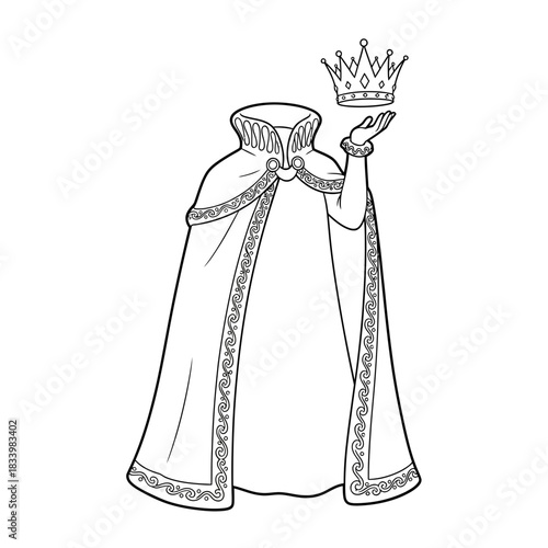 Regal Queen Character Holding an Ornate Crown in Full Royal Regalia Illustration