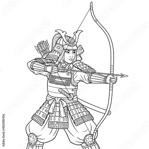 Samurai Archer Woman in Armor Pulling Bow Line Art Coloring Page Illustration
