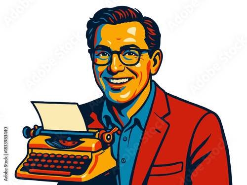 cheerful man in glasses and a red blazer, holding a classic yellow typewriter with a blank sheet of paper, symbolizing writing or journalism. Generative ai vector colorful pop art illustration.