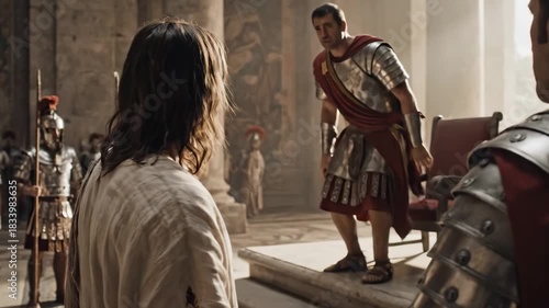 Jesus Christ Before Roman Authority - Jesus Christ stands in a white robe before a Roman soldier in full armor. This is likely a scene depicting his arrest and trial during the events of Good Friday.