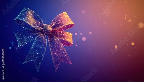 Geometric wireframe bow with glowing particles rendered in a gradient of deep blue and warm orange gift