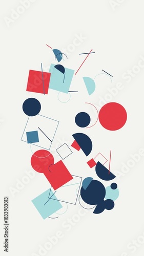 Abstract Geometry Composition: A dynamic arrangement of geometric shapes, including squares, circles, and lines, interplays in a harmonious composition of color and form.