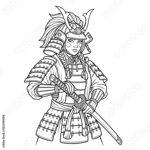 Strong Female Samurai Warrior Simple Line Art Illustration Coloring Page