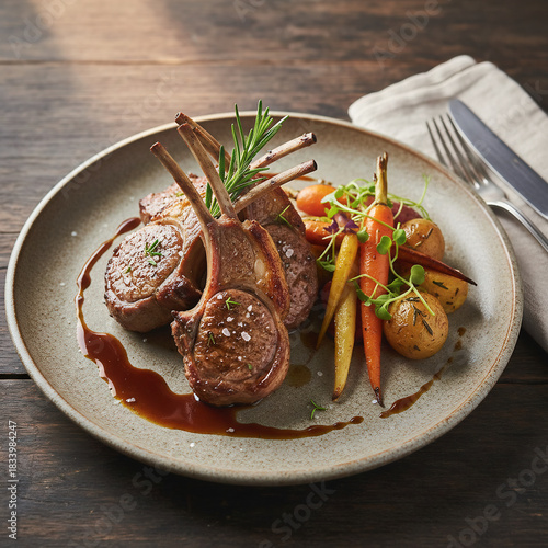 Elegant roasted lamb chops served with baby potatoes, glazed carrots, fresh herbs, and rich sauce, plated in a refined fine-dining presentation.